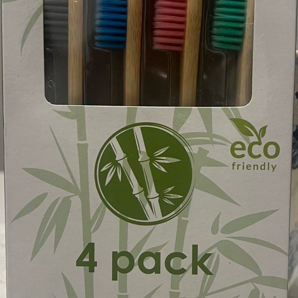 Bamboo Toothbrush 4-Pack with Colored Bristles (Blue, Red, Green, Black)